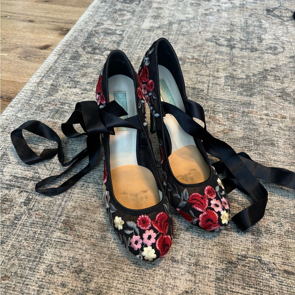 Betsey Johnson Black and Red Heels with Floral Embroidery